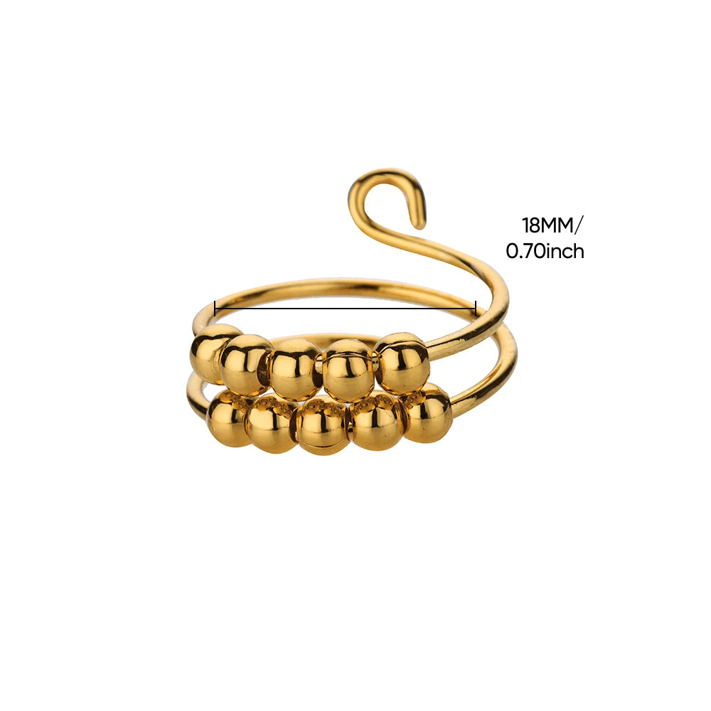 Anxiety Beads Rings for Women Gold Color Stainless Steel Open Spinner Adjustable Finger Ring Rotating Freely Anti Stress Jewelry