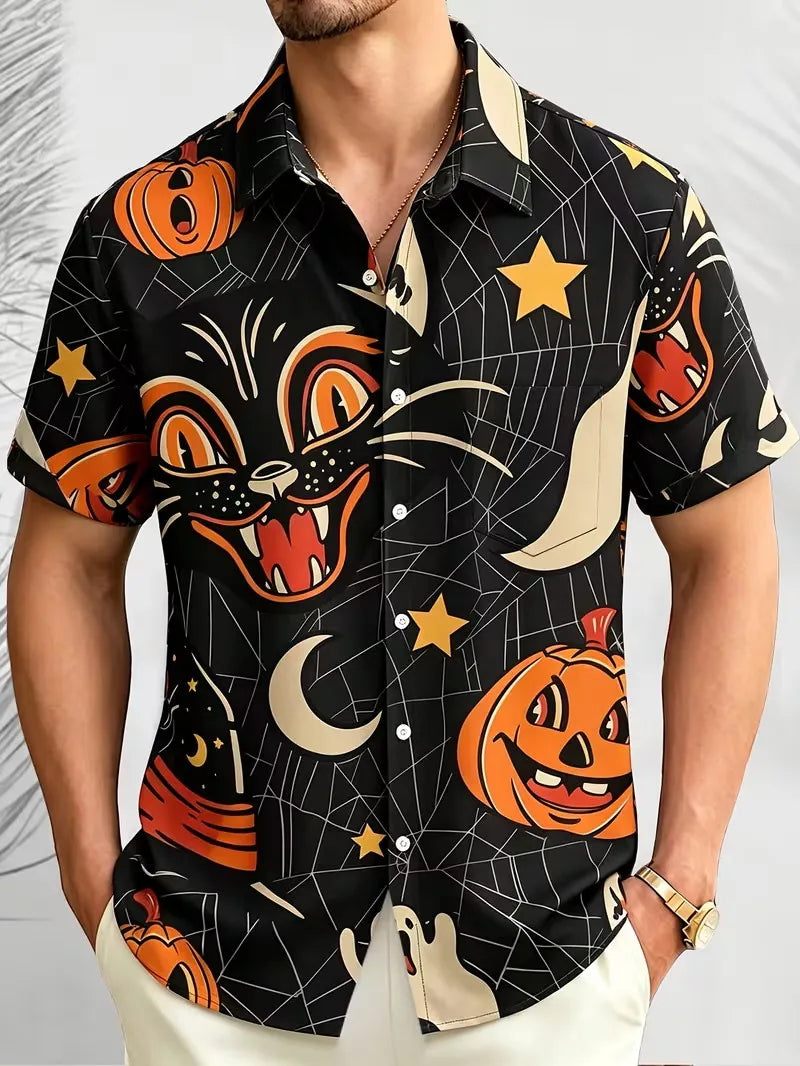 Men Halloween Headless Horseman Print Aloha Shirt Short Sleeve Button Down Spooky Pumpkin Horse Graphic Hawaiian Shirts Tops