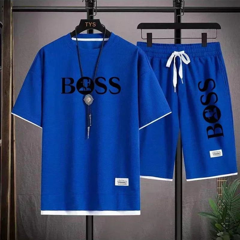 Summer 2025 new men's breathable short-sleeved T-shirt + quick-drying shorts two-piece set, outdoor fashionable men's sportswear
