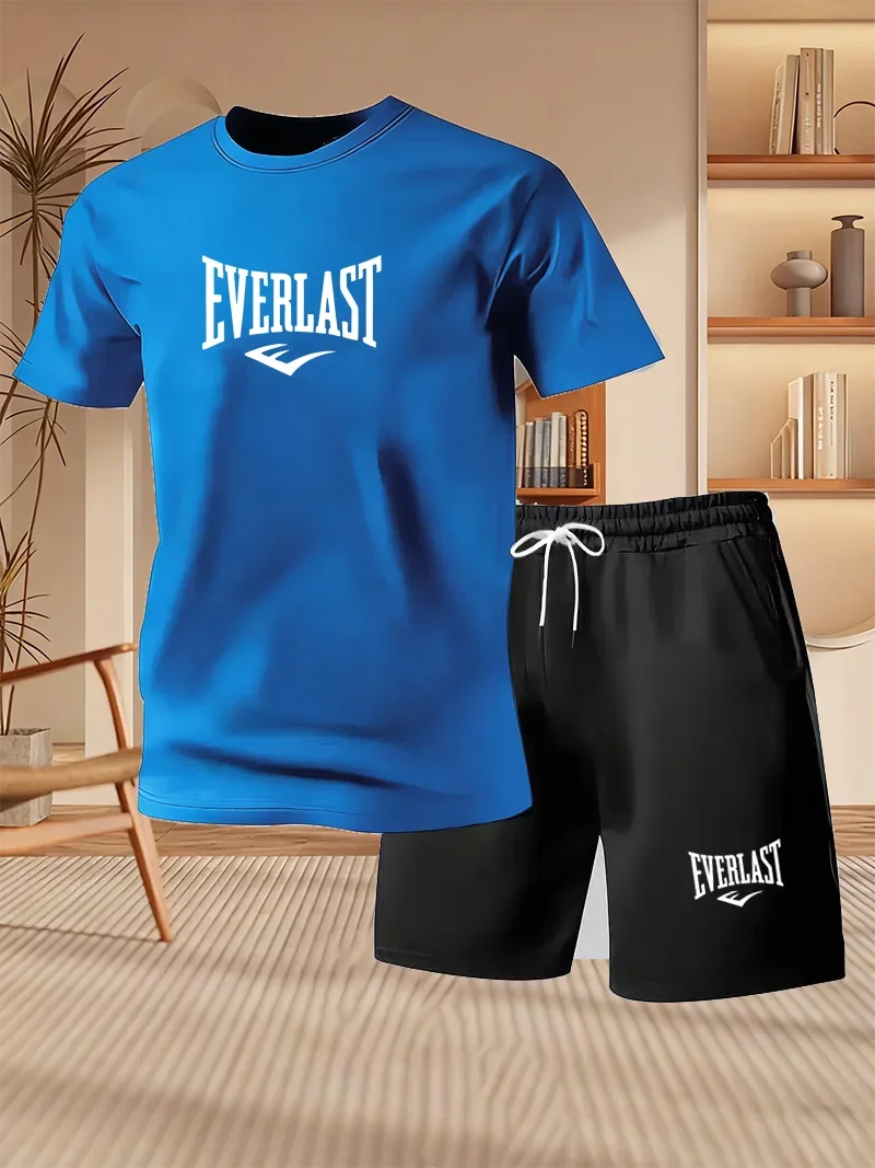 Men's Summer Running Breathable Sportswear, Short Sleeved T-shirt+printed Shorts Two-piece Set, Casual/fitness/home 2-piece Set
