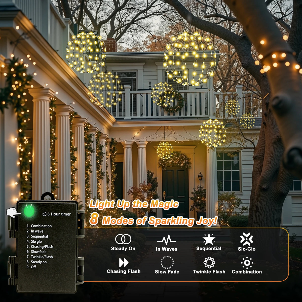 Battery Operated 11.8" Globe String Lights, 2 Pack Warm White Hanging Ball Lights with Remote, 8 Lighting Modes & Auto Timer, IP54 Tree Lights for DIY Floral, Plant & Wedding Decor