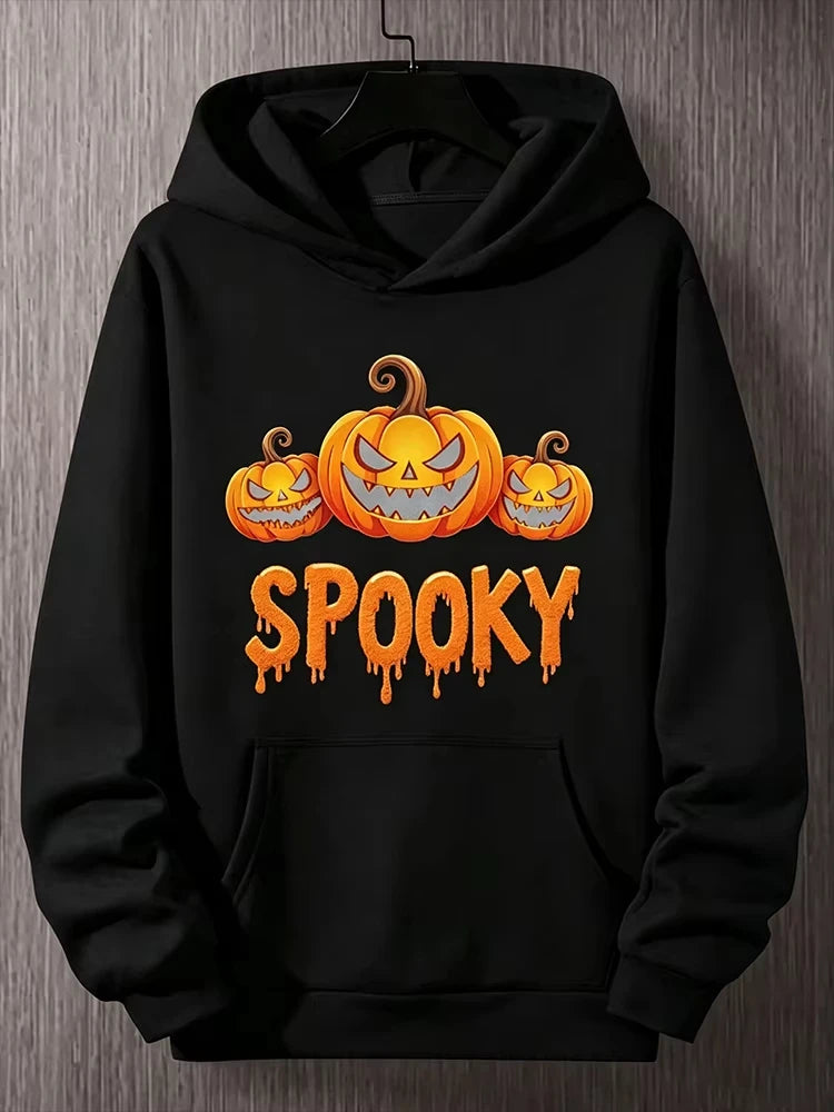 2026 Men Halloween Hoodie Spooky Pumpkin Graphic Print Pullover Hooded Sweatshirt Autumn Casual Long Sleeve Streetwear Tops