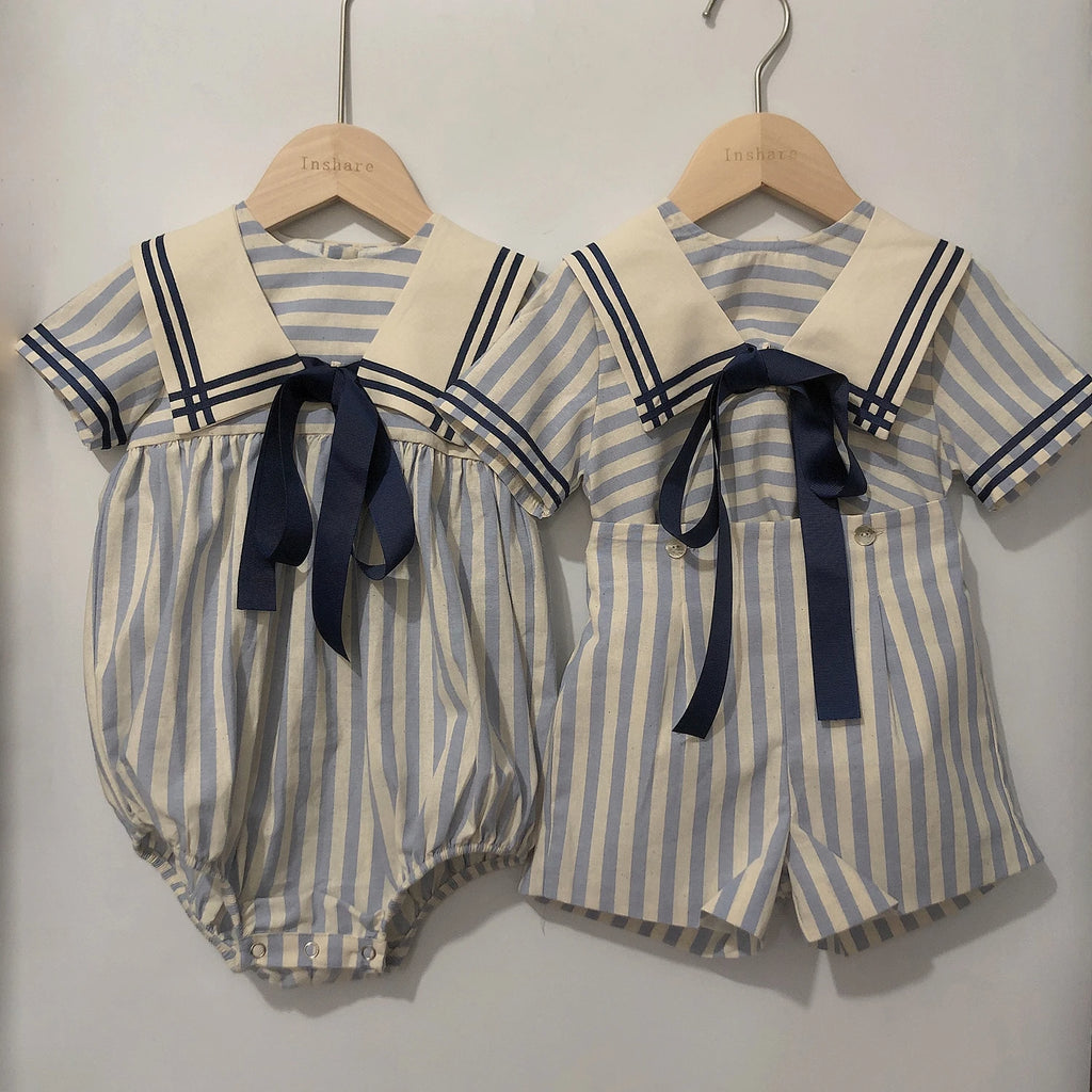 Children Boutique Clothing Baby Boys Girls Blue Striped Navy Tie Bubble Romper Vintage Cotton Siblings Outfit Birthday Dress