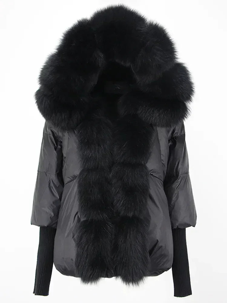 2024 Winter Puffer Jacket Women Real Fox Fur Collar Hooded Natural Thick Warm Loose Oversize Duck Down Coat Streetwear Outerwear