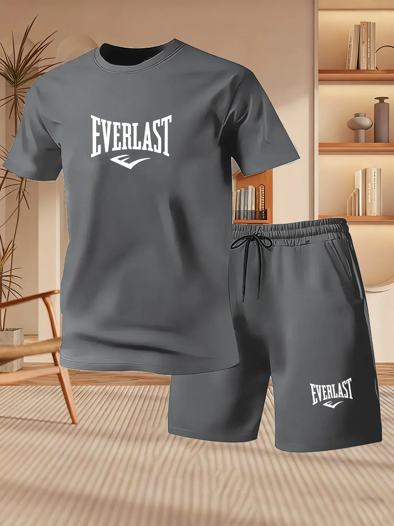 Men's Summer Running Breathable Sportswear, Short Sleeved T-shirt+printed Shorts Two-piece Set, Casual/fitness/home 2-piece Set