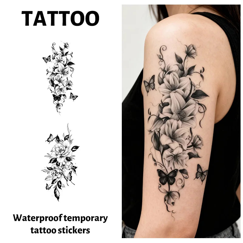 Flower & Butterfly Temporary Tattoo Sticker, Long-lasting and Waterproof, Realistic Fake Tattoos for Women, For Arm, Chest, Leg