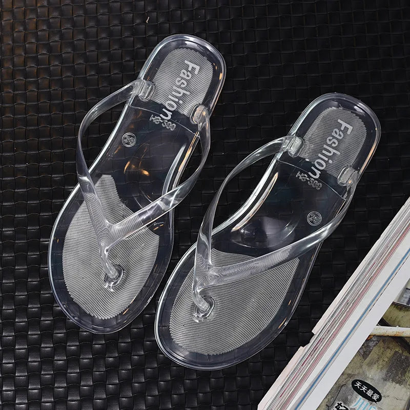 Fashion Transparent Jelly Crystal Flip Flops Female Flat Bottom Korean Version Summer Beach Leisure Casual Outdoor Sandals