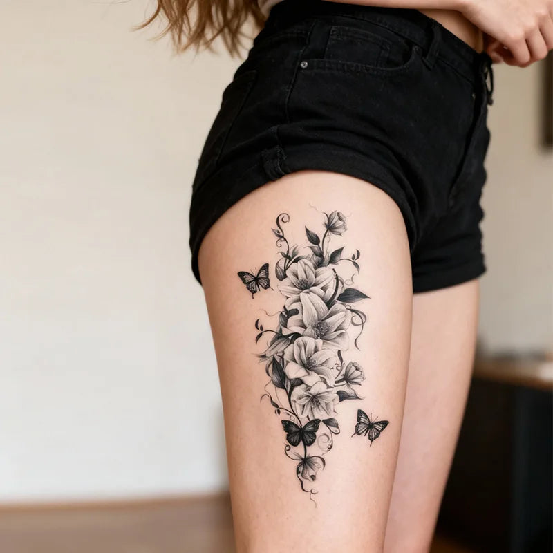 Flower & Butterfly Temporary Tattoo Sticker, Long-lasting and Waterproof, Realistic Fake Tattoos for Women, For Arm, Chest, Leg