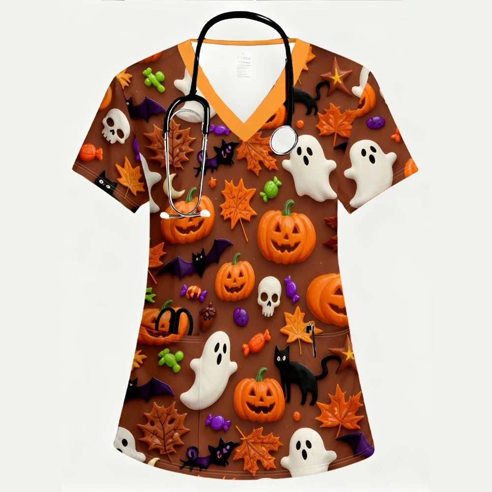 Women's Scrub Top Halloween Pumpkin Black Cat Ghost Print V-Neck Short Sleeve Pockets Medical Uniform Nurse Hospital Workwear