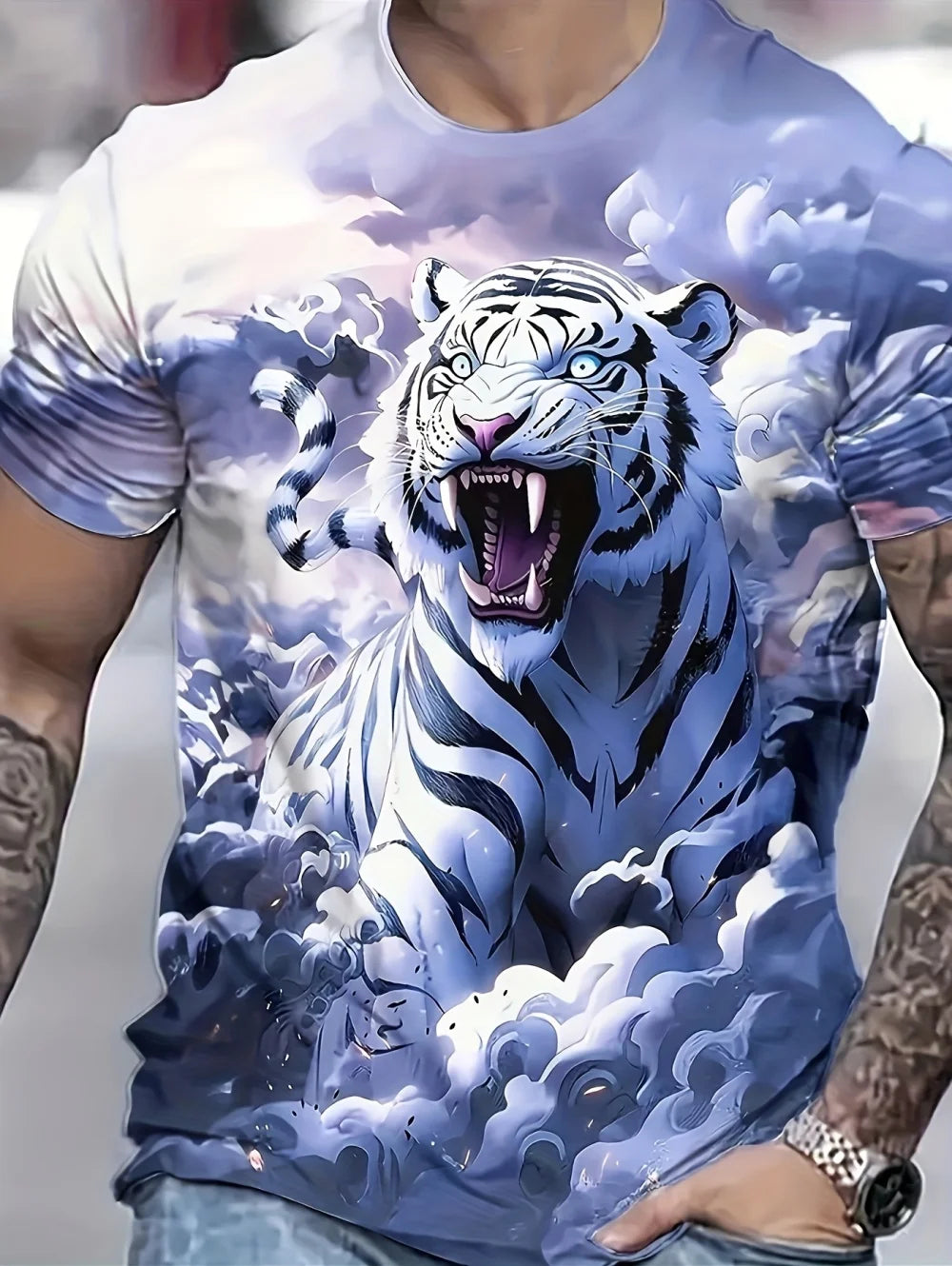 Men 3D Graphics Wolf Print T-Shirts Summer Oversized Causal Tees Fashion Tiger Pattern Fitness Short Sleeve O-Neck Tops Clothing