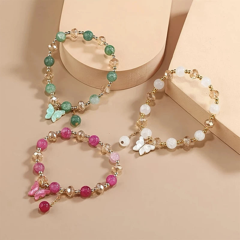 3Pcs/Set Purple Butterfly Charm Bead Stretch Bracelet For Women Multi Color Crack Faceted Beads Round Charm Girls Jewelry Gift