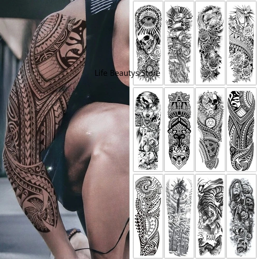 Large Full Arm Sleeve  Waterproof Temporary Tattoo Sticker Tribal Totem Skull Bird Wolf Tiger Fake Tatoo Body Art Men Women