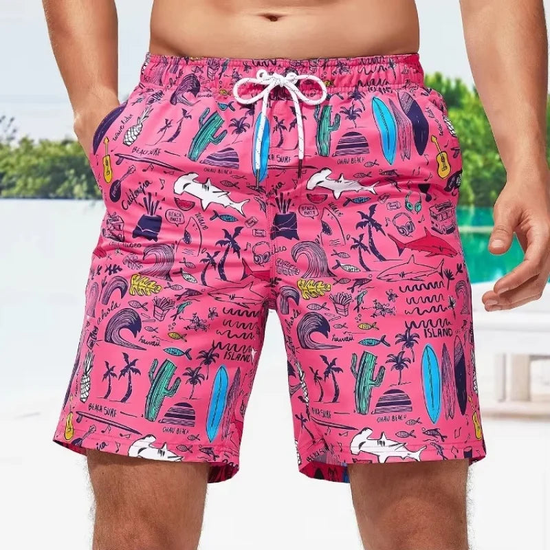 3D Printed Shark Coconut Tree Short Pants For Men Animal Plant Pattern Swim Trunks Hawaiian Casual Street Surfing Beach Shorts