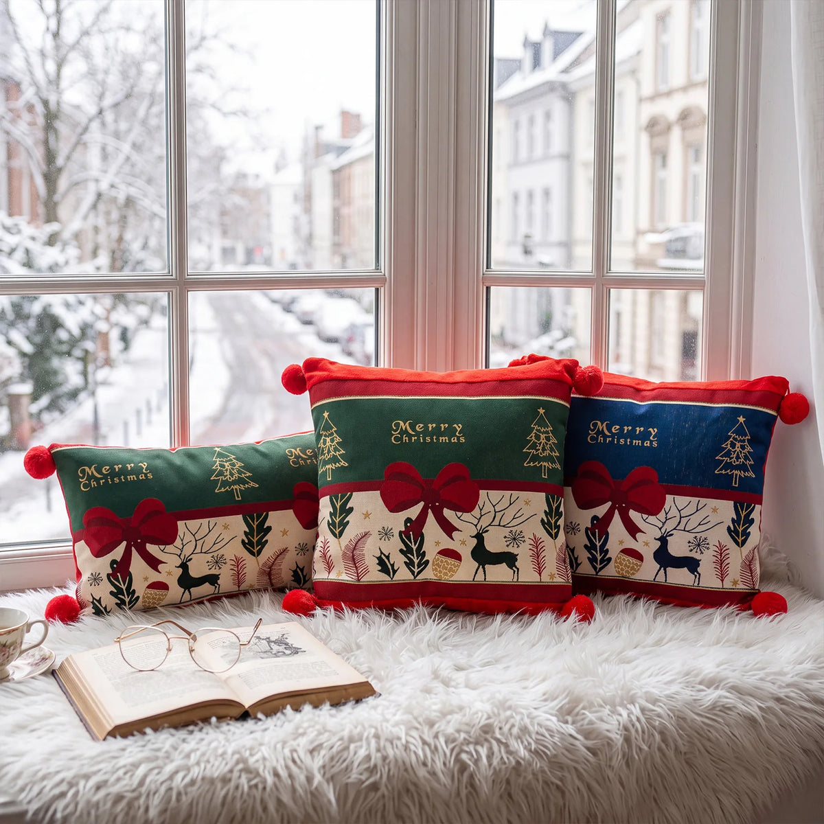 Christmas Red Jacquard Throw Pillow Cover Cartoon Elk Snowflake Christmas Pillowcase Plush Sofa Decor Cushion Covers 45x45cm