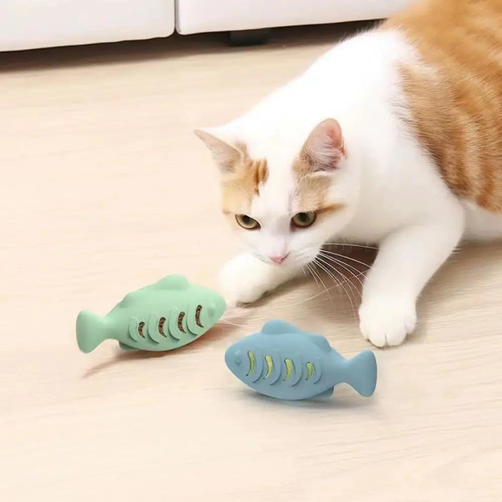 Interactive Cat Toy Food Dispenser for Indoor Cats Blue Treat & Catnip Stuffer Engaging Silicone Fish Chew Toy for Dental Care