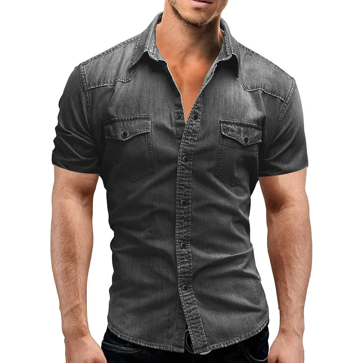 New 2026 Men's Denim Shirt Fashion Short Sleeve Soft Solid Slim Cowboy Tops Men Trend Streetwear Vintage Casual Cardigan T-shirt