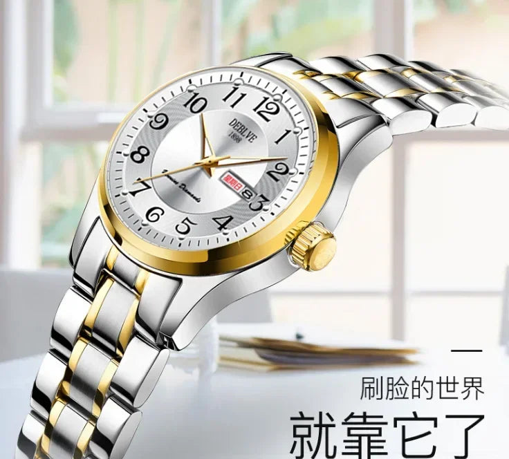 Ladies Fashion Ultra-thin Steel Band Dual Calendar Luminous Waterproof Digital Scale Watch Quartz Watch for Women Gift Clock