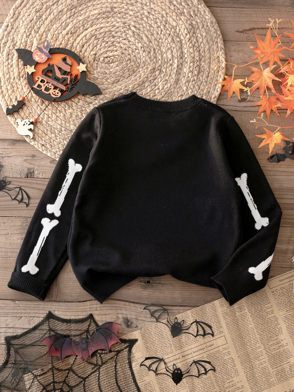 Boys and Boys Street Style Halloween Skeleton Pattern Sweater Knitted Pullover Suitable for Ha