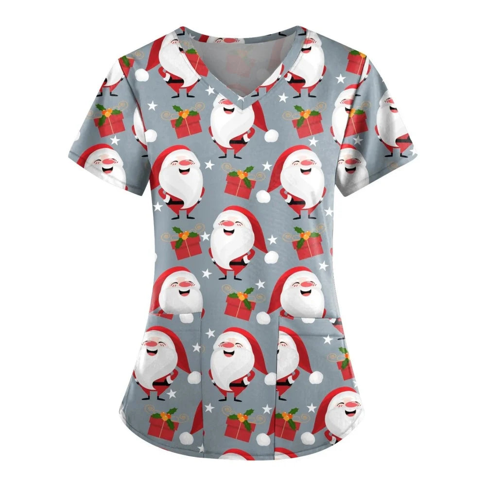 Christmas Scrubs Medical Uniforms Woman Fashion Snowman Print Summer Casual V-Neck Short Sleeve with Pockets Surgical Uniform