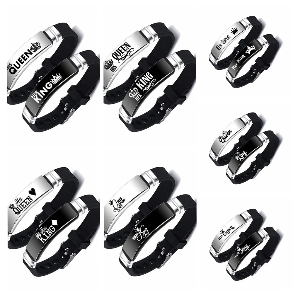 2 Pcs/Set His Queen Her King Couple Bracelet Stainless Steel Adjustable Silicone Strap Bangle Valentine's Day Gift