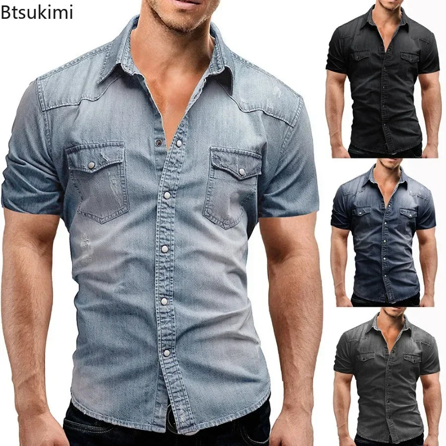 New 2026 Men's Denim Shirt Fashion Short Sleeve Soft Solid Slim Cowboy Tops Men Trend Streetwear Vintage Casual Cardigan T-shirt