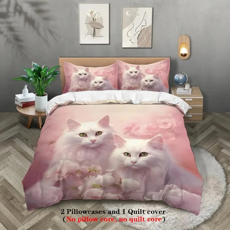 Cute Cat 3pcs Duvet Cover Set, 3D Digital Printed Duvet Cover, Soft Comfortable Breathable Bedding Set for Bedroom, Dorm