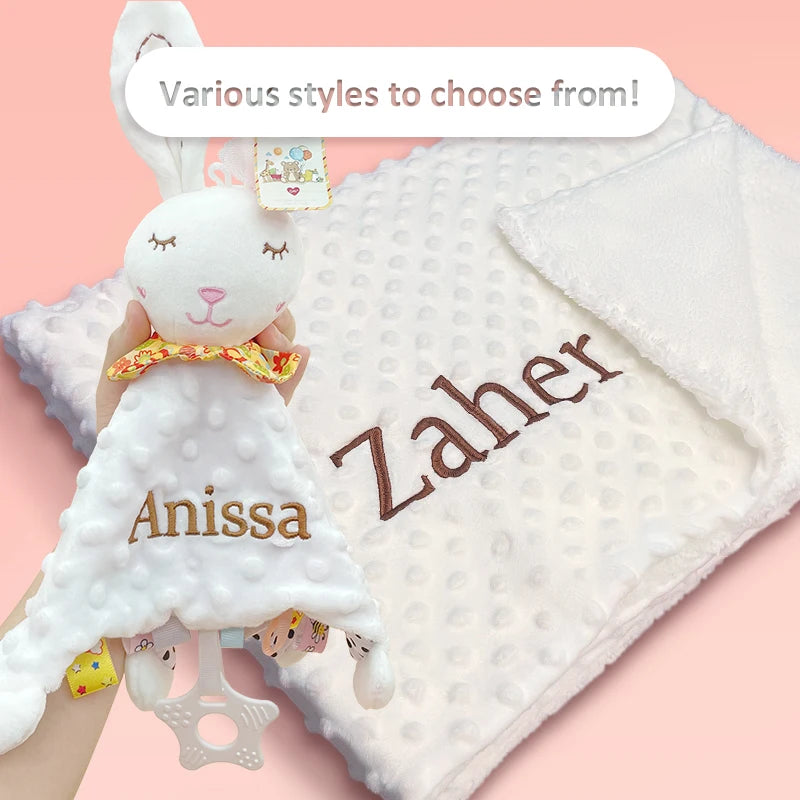 Personalized Newborn Baby Blanket with Name Custom Dot Minky Stroller Swaddle Set Security Towel Baby Shower Gift for Infant Boy