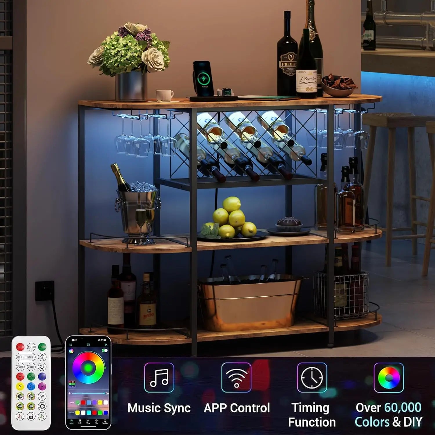 Wine Cabinet Bar Cart Table with Power Socket and LED Light, Three Tiers Coffee Bar Table Wine Rack Liqour Bar with, Customized