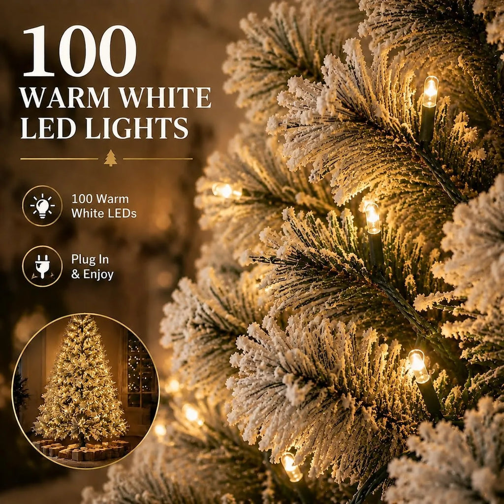 Prelit Artificial Christmas Tree with 100 Lights Snowflake Decorations Hinged PVC Branches Iron Trunk and Folding Metal Stand Green and White Holiday Decor for Living Room Home Christmas Party
