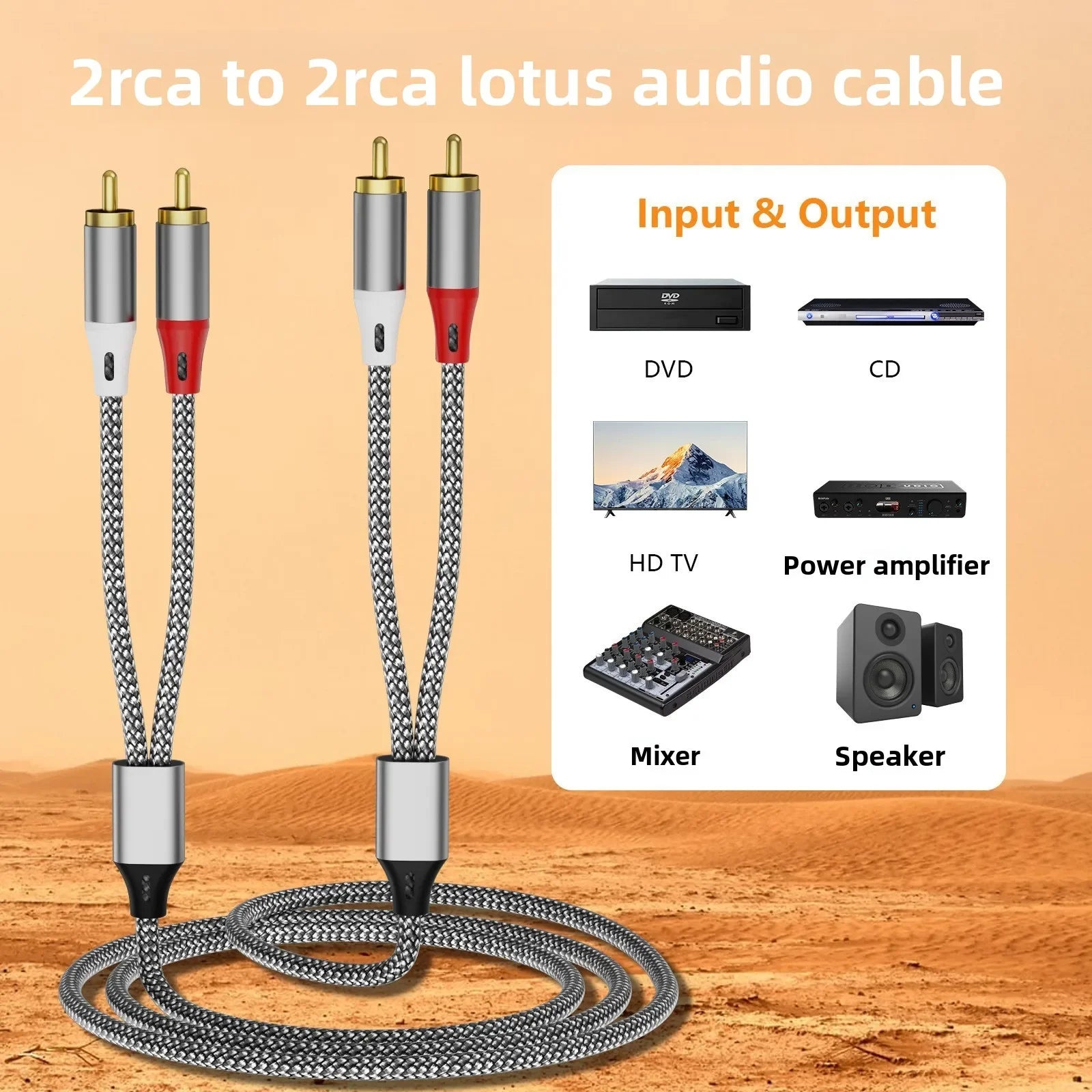 Double RCA audio cable, 2 pairs of RCA cables for computer, TV, amplifier, subwoofer, and speaker connection