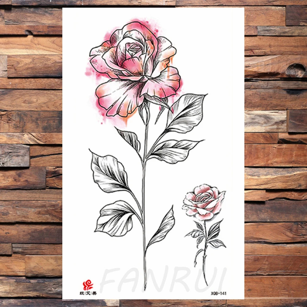 Watercolor Rose Flower Temporary Tattoo For Women Kids Girls Cherry Fake Tattoos Sticker Sexy Lotus Henna Waterproof Tatoo Waist