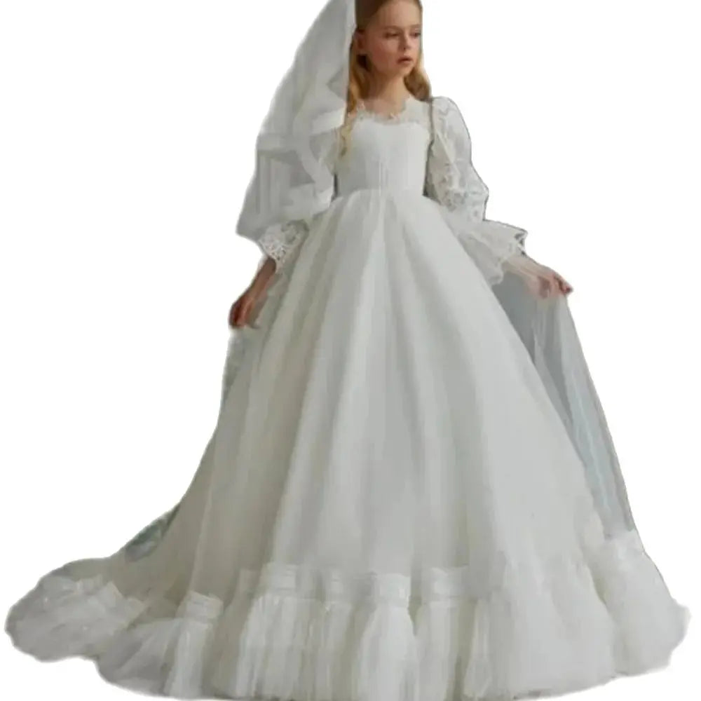 Elegant Tiered Flower Girl Dresses For Wedding Short Sleeves Tulle Glitter Sequined Appliques First Communion Ball Prom Gowns