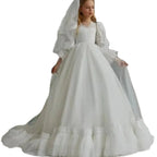 Elegant Tiered Flower Girl Dresses For Wedding Short Sleeves Tulle Glitter Sequined Appliques First Communion Ball Prom Gowns