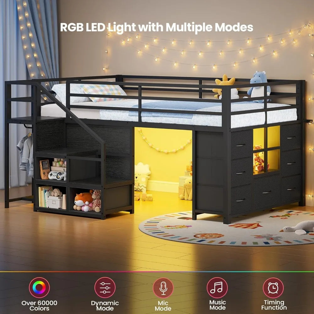 Low Loft Bed Twin Size with Stairs, LED Lights, 7 Drawers & Storage for Kids, Black