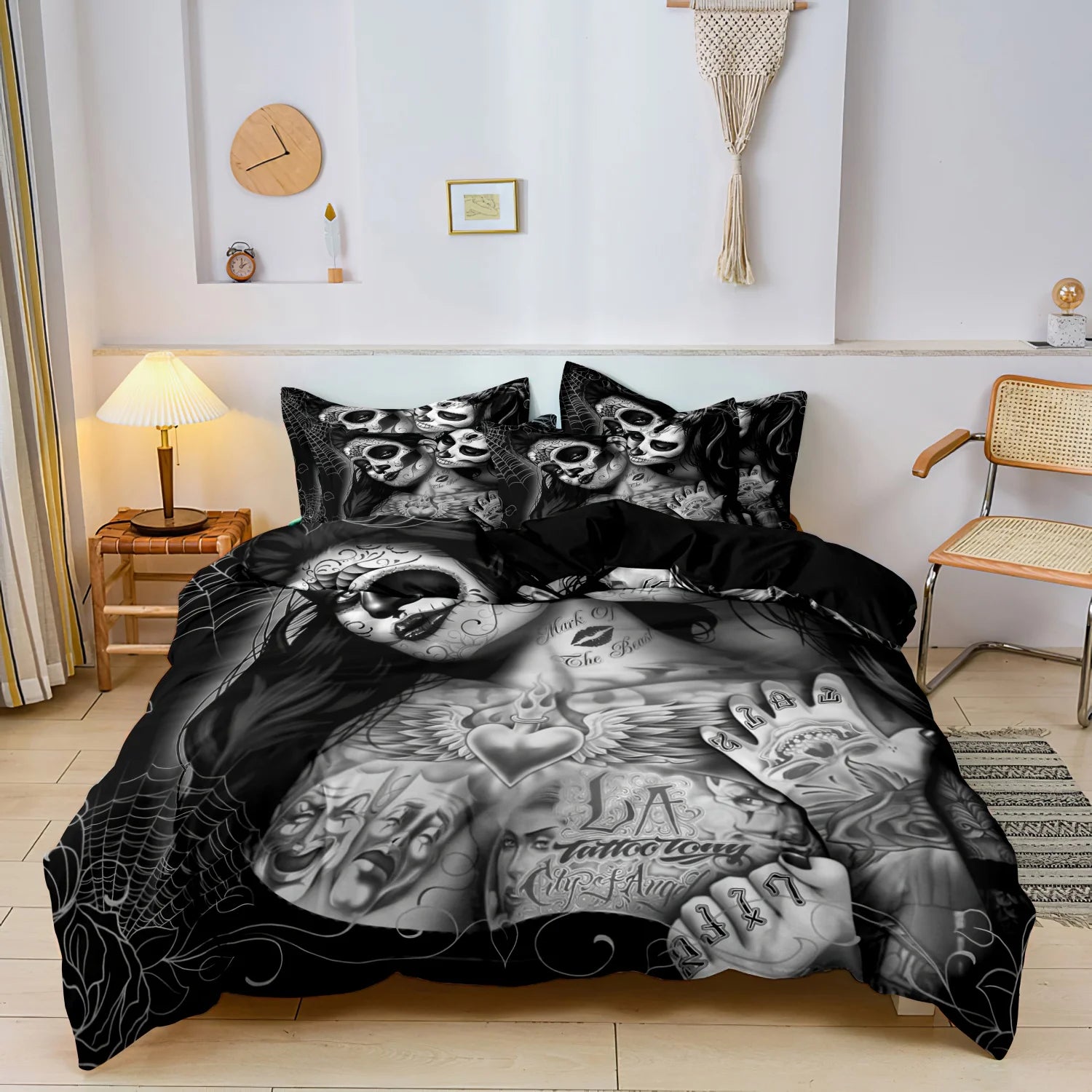 3Pcs Gothic Mexican Sugar Skull Woman Duvet Cover Bedding Set Floral & Skull Patterns - Ideal For Day Of The Dead Celebrations