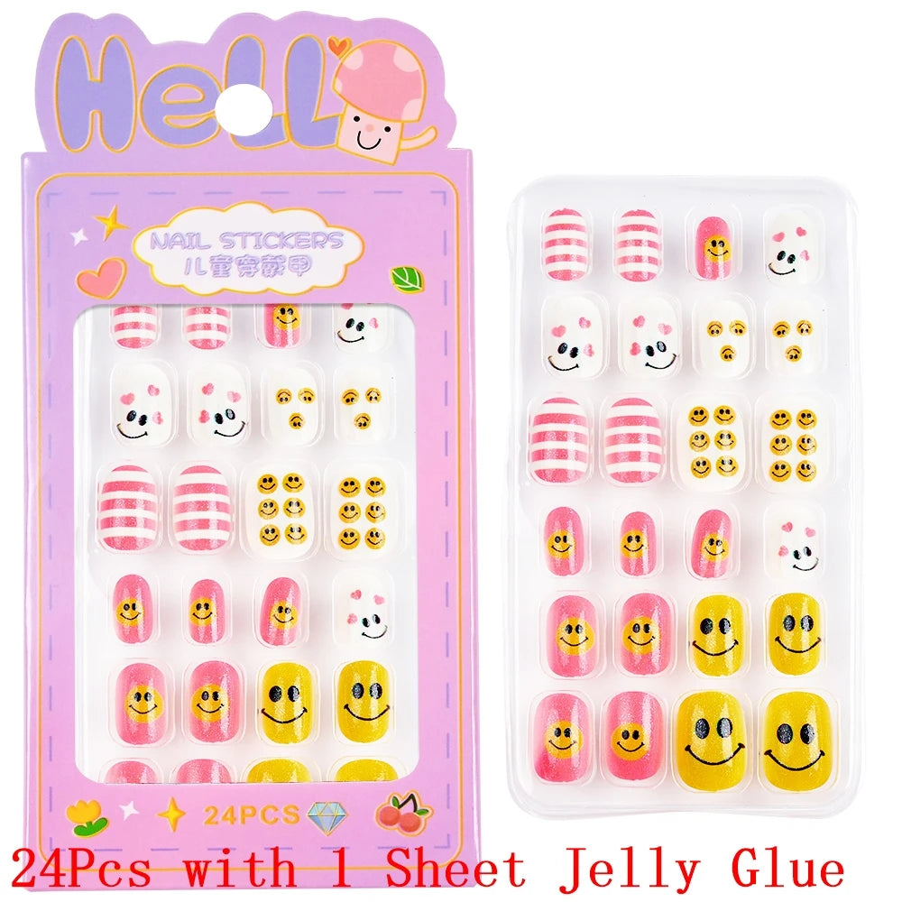 Children Press on Nails,24 Pcs Fake Nails Tips for Kids Acrylic Nails Pre-glue Full Cover Short False Nails Cute Fingernails