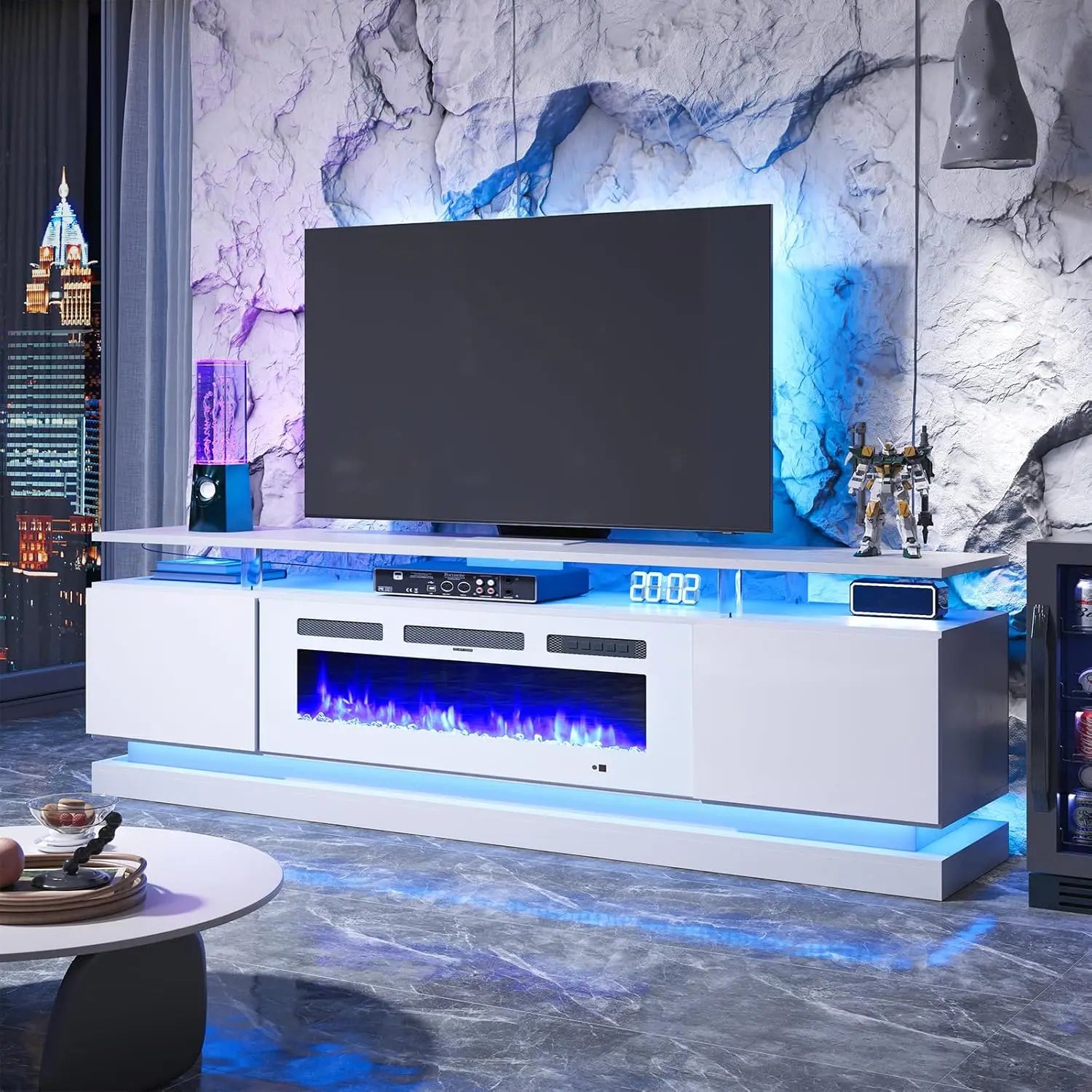 70 inch Modern TV Stand with Electric Fireplace for TVs up to 80 inches White Living Room Media Console Entertainment Center