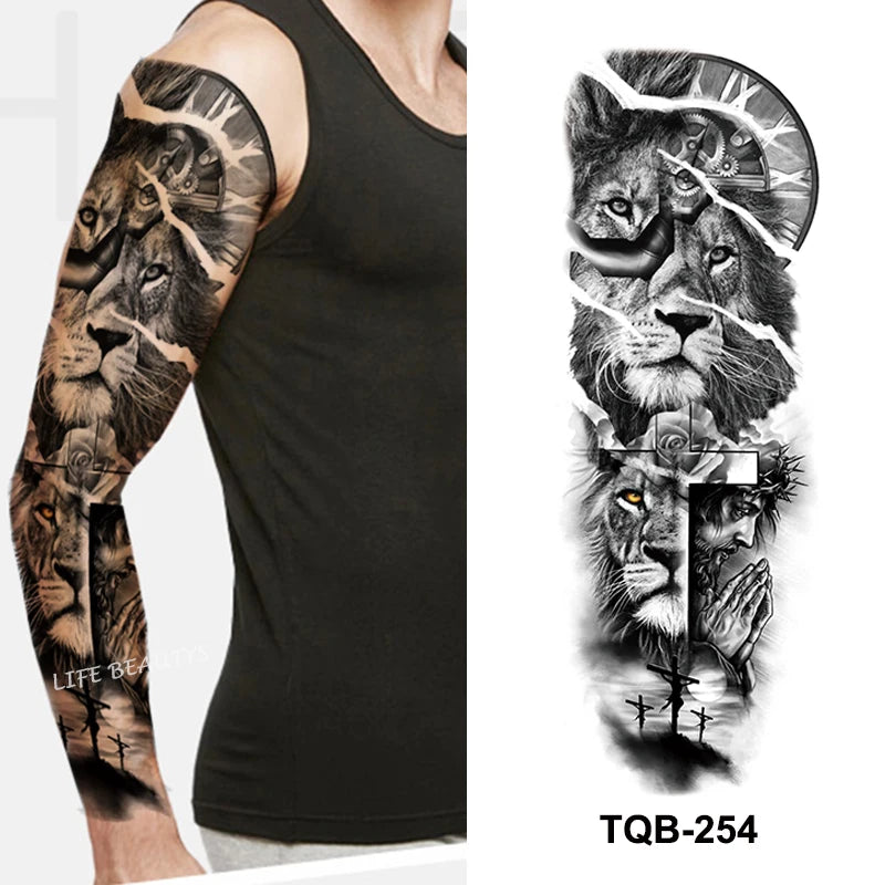 Waterproof Full Arm Temporary Tattoo Sticker Tiger Lion Wolf Eye For Man Women Body Art Sleeve Flash Fake Shoulder Tatoo