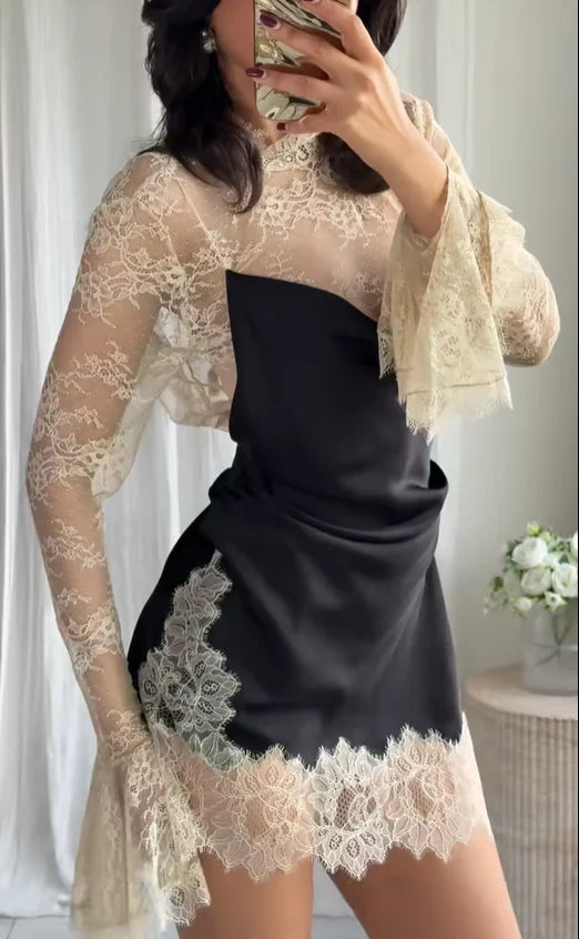 Contrast Lace Patchwork Mini Dress Women Elegant Full Flared Sleeve Waist Cinching Slim Mini Dresses 2025 Lady Street Chic Gown