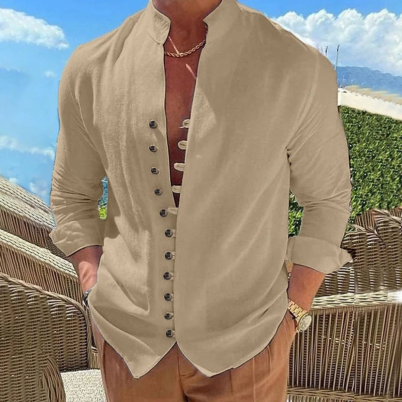 New Men's Vintage Casual Shirts 2025 Linen Long Sleeve Street Wear Lapel Button Solid Color Shirt For Men Vacation Blouse Top
