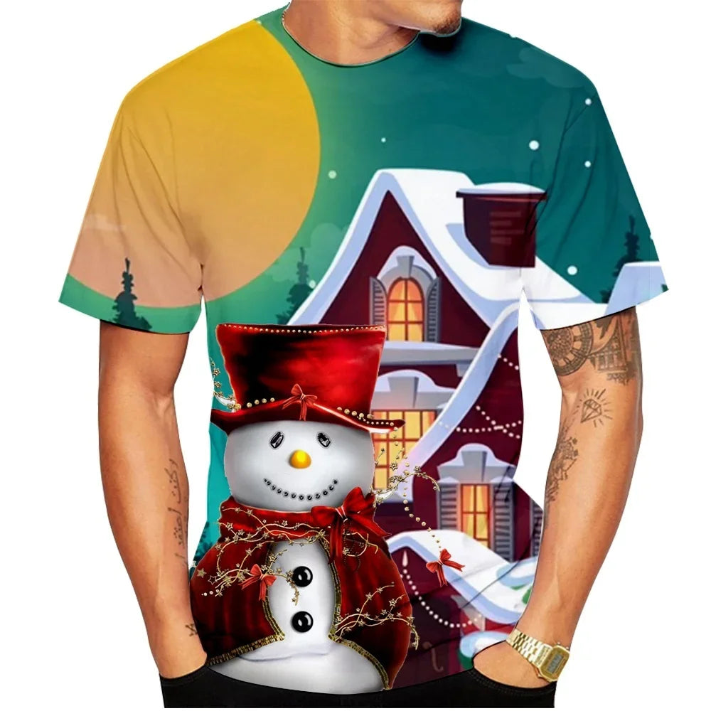 2026 Fashion Men's Merry Christmas T-Shirt Blue Xmas Tree Snowflake Graphic Crew Neck Short Sleeve Holiday Party Casual Tee Tops