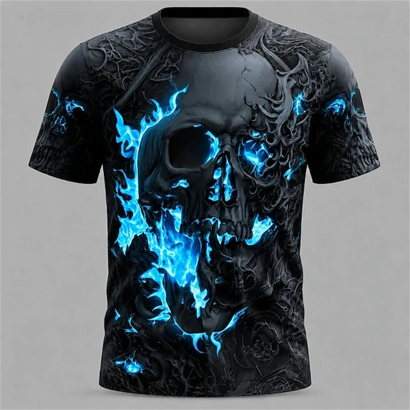 Men's Summer Skull-Printed Horror-Themed Crew-Neck T-Shirt Fashionable Trendy Street-Style Short-Sleeve Top for Halloween