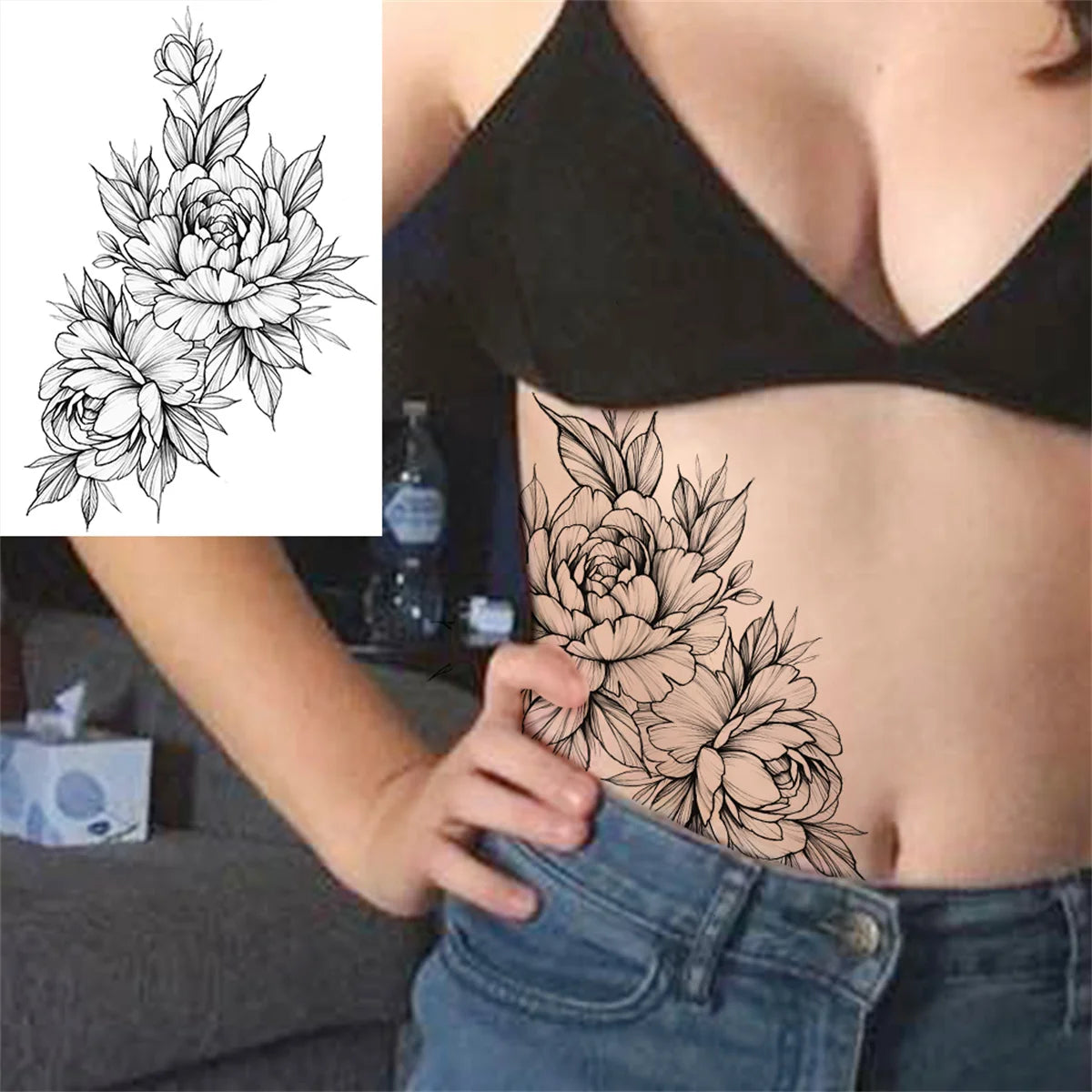 Realistic Sexy Peony Tattoos Temporary Women Adult Flower Arm Tattoos Sticker Waterproof Fake Floral Bloosom Body Leg Art Tatoos
