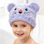 Cute Cartoon Bear Soft Absorbent Dry Hair Cap for Kids Coral Fleece Microfiber Hair Drying Towel Head Wrap for Children Kids