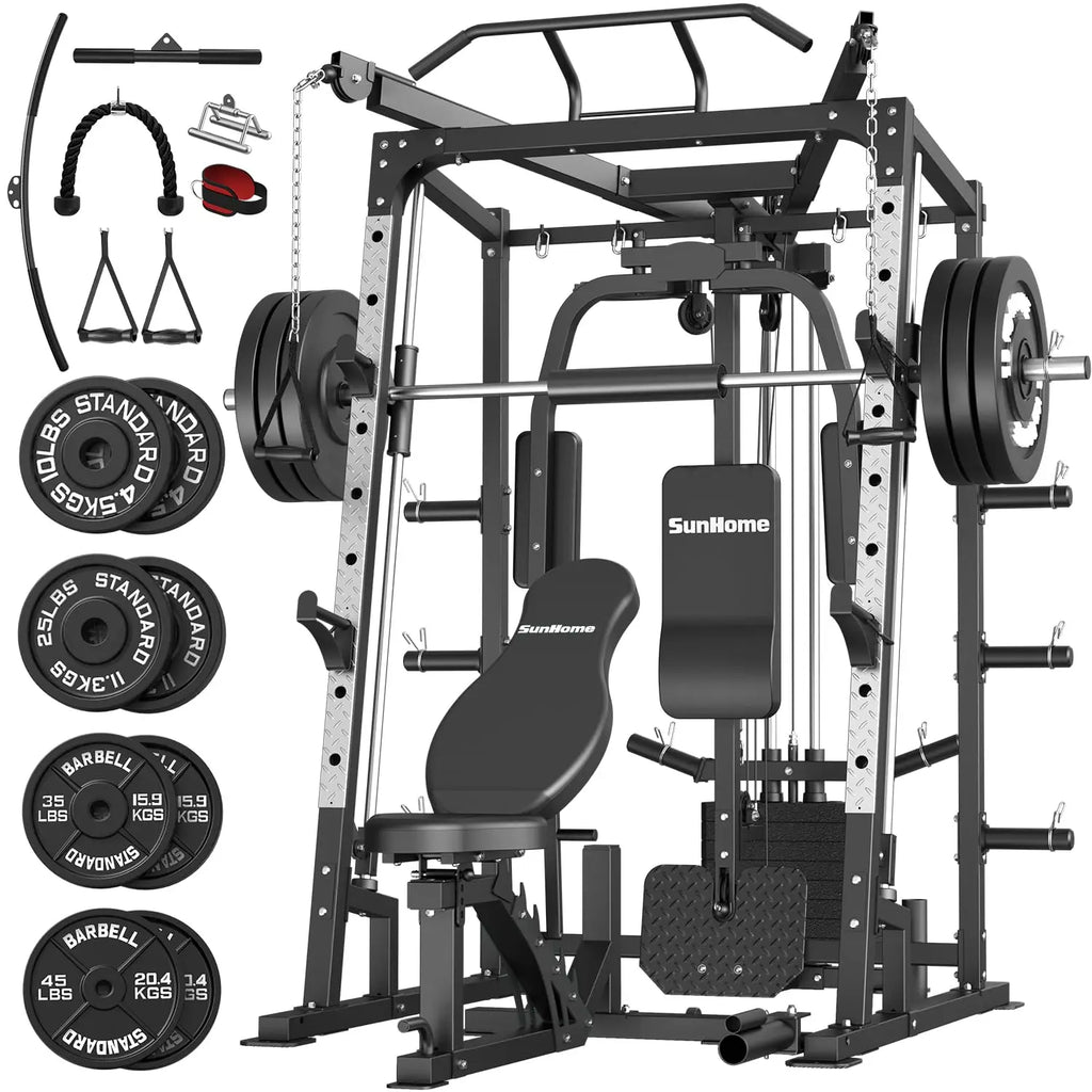 Smith Machine, Power Cage Squat Rack with Smith Bar, LAT Pull-Down Systems, Cable Crossover Machine and Cable, Customized