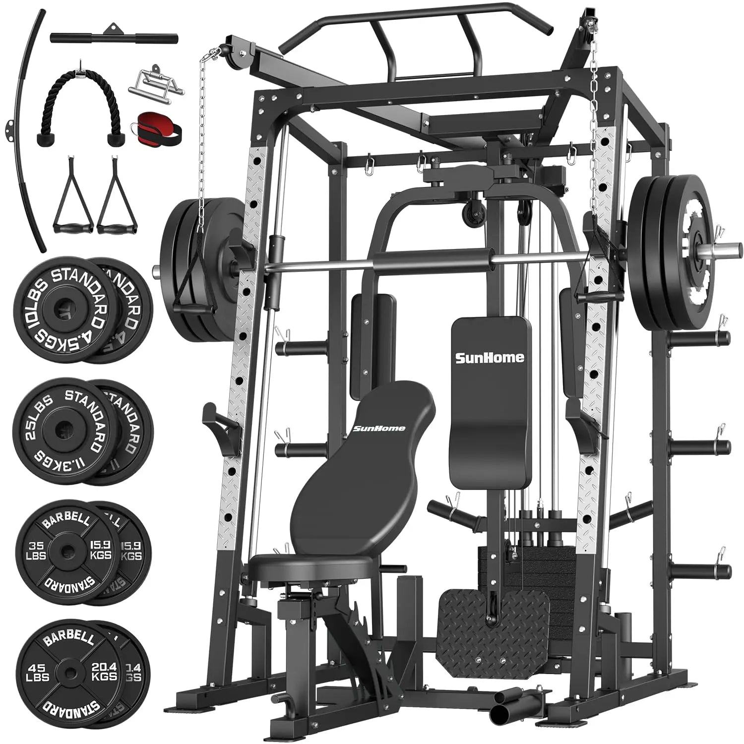 Smith Machine, Power Cage Squat Rack with Smith Bar, LAT Pull-Down Systems, Cable Crossover Machine and Cable, Customized