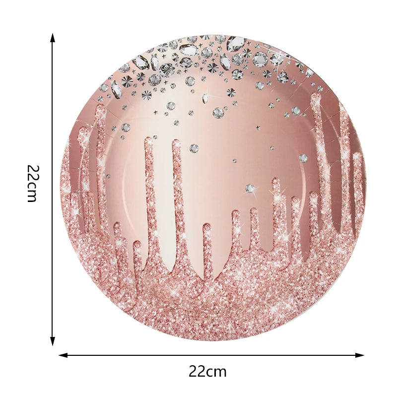 Rose Gold Disposable Tableware Diamond Pattern Paper Cups Plates Straws Table Decoration Wedding Birthday Party Supplies