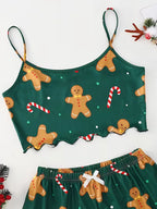 Christmas Clothes Cute Soft Gingerbread Print 2 Pieces Pajama Set Women's Sleepwear Crop Tops and Shorts Sets Loungewear