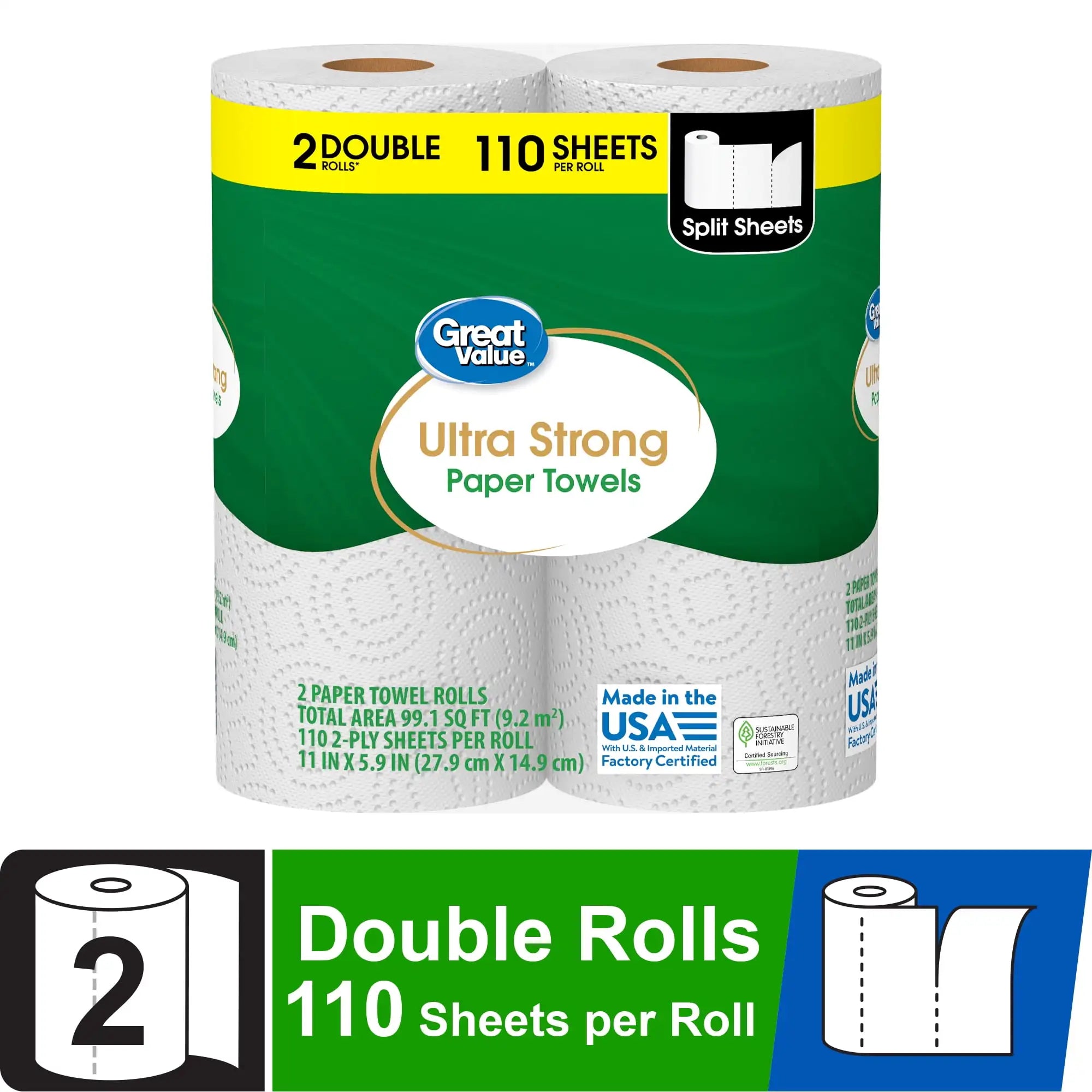 Holiday Bulk Savings | Large Capacity Value Pack | Great Value Ultra Strong White Paper Towels Premium 2-ply durable and highly absorbent household cleaning towels