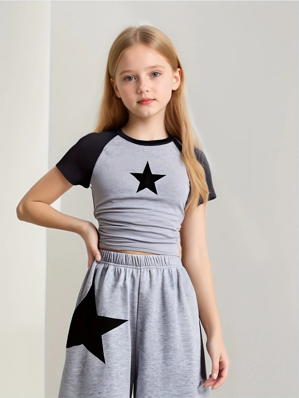 Girls' Clothing, 2-Piece Girls' Set, Five-Pointed Star Pattern, Gray Wide-Leg Sweatpants, Suitable for Spring, Autumn, and Summer, Loose Two-Piece Outfit for Going Out, Versatile for Home and Casual Wear
